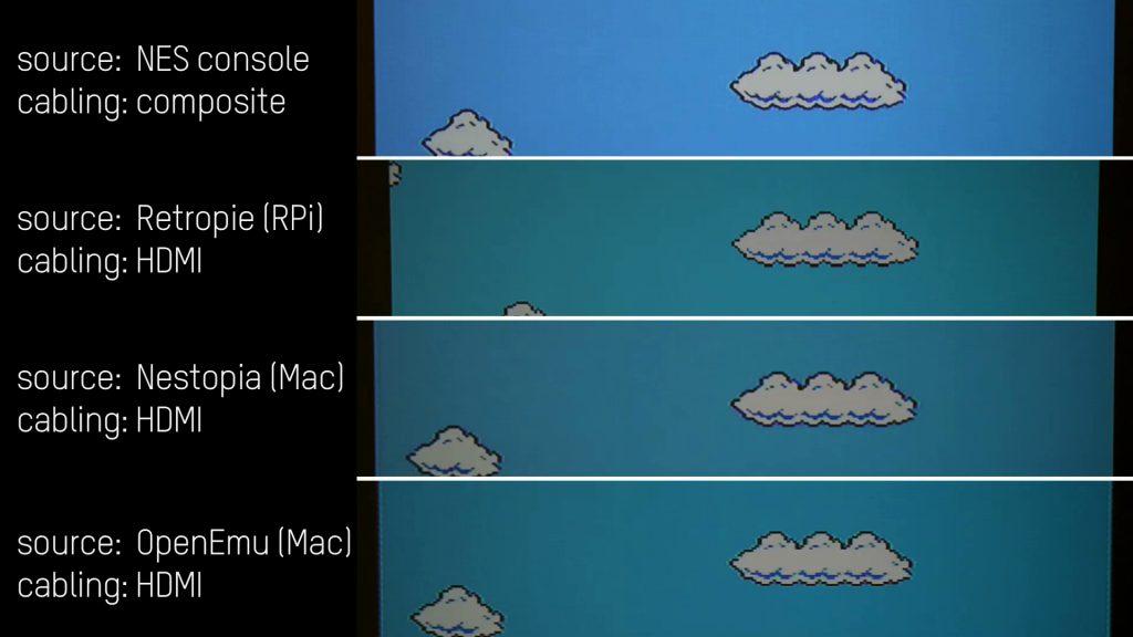 Fig. 7 Comparison of the projected image as played out from NES and from RetroPie, Nestopia and OpenEmu emulators showing discrepancies in color, aspect ratio and shape of the clouds. Photo: Emilie Magnin. Editing: Agathe Jarczyk.