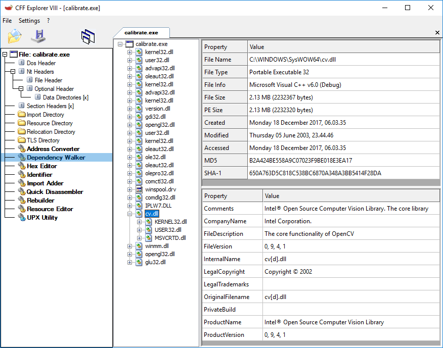 Fig. 4. Screenshot of CFF Explorer’s dependency analysis component after analysis of a Windows Portable Executable used in Rafael Lozano-Hemmer’s Subtitled Public (2005) installation, revealing a number of Dynamic Link Library (DLL) dependencies.