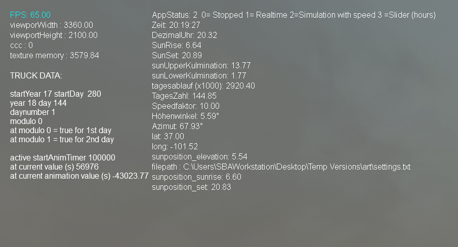 Fig. 5. Cropped screenshot of a hidden debug overlay in the software associated with John Gerrard’s Sow Farm (2009), which includes information about rendering performance and the status of the simulation.