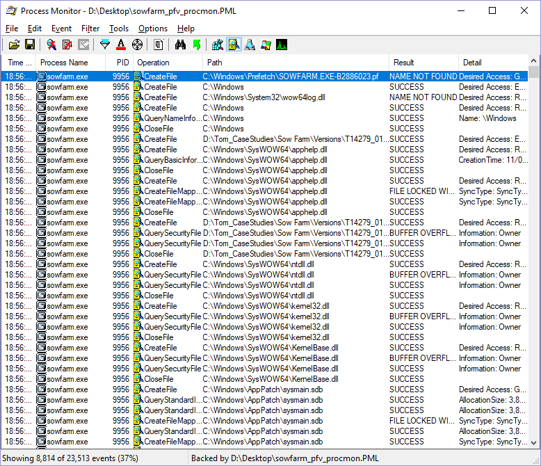 Fig. 6. Screenshot of filesystem activity logged using the Sysinternals Process Monitor tool attached to the sowfarm.exe process
