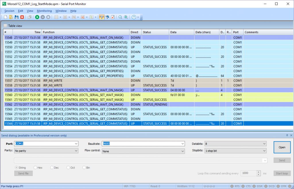 Fig. 7. Screenshot of serial data logged using RS232 Data Logger (Eltima Software 2018) via a virtual serial port. Data was transmitted from a custom software application to a Morse code unit via an RS-232 serial port as part of the software system employed in the artwork ‘Astrophotography...The Traditional Measure of Photographic Speed in Astronomy...’ by Siegfried Marx (1987) (2006) by Cerith Wyn Evans.