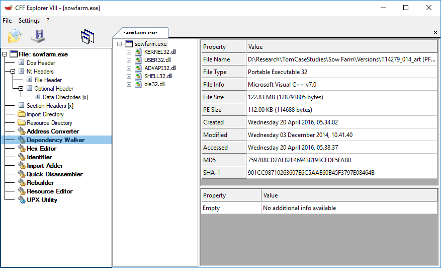 Fig. 9. List of DLL dependencies extracted from the Sow Farm 32-bit Windows Portable Executable software by CFF Explorer.