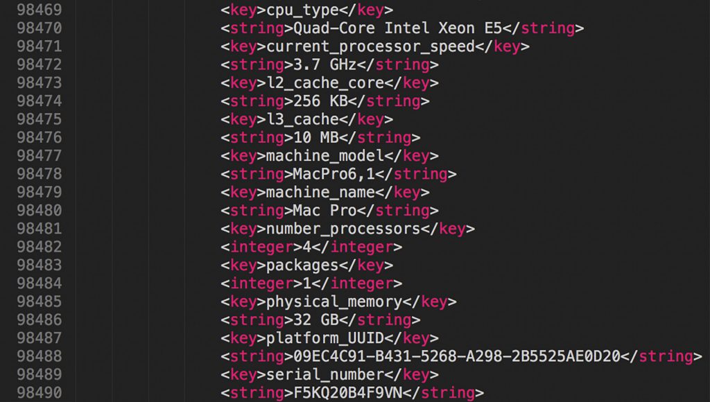 Fig. 2. A small section of the contents of a Mac OS .spx file that lists the CPU, amount of RAM, and the computer serial number, among other information. (Courtesy of the ©Guggenheim Museum)