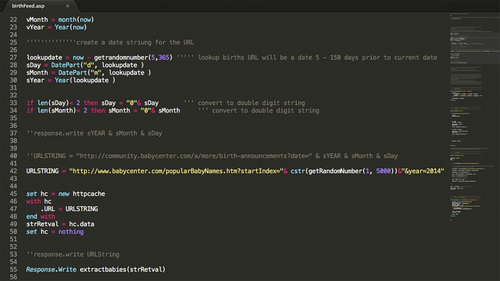 Fig. 4: Screenshot of source code written in ASP for Siebren Versteeg’s Untitled Film II (2004). The code also includes artist-written comments. (Courtesy of the ©Guggenheim Museum)