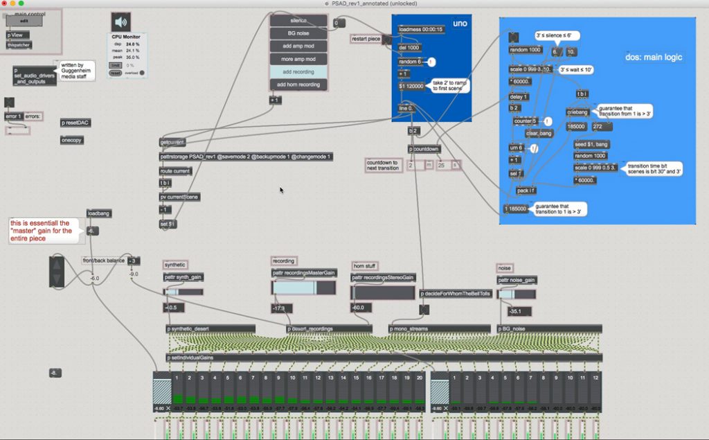 Fig. 5: Screenshot of the Max MSP project (also called a patcher) for Doug Wheeler’s PSAD Synthetic Desert III (1971/2017). (Courtesy of the ©Guggenheim Museum)