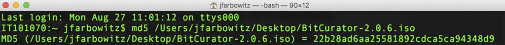 Fig. 8: A screenshot of running the command “md5” in the Mac OS terminal, which produces an MD5 checksum for a file. The checksum value is displayed on the last line. (Courtesy of the ©Guggenheim Museum)