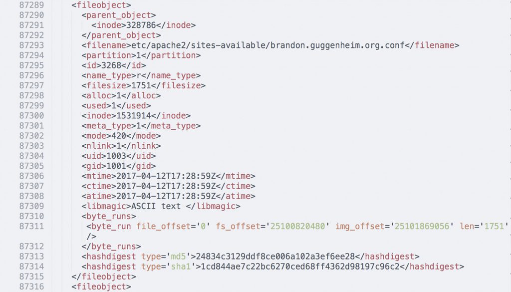 Fig. 9: The DFXML record for one file in a disk image. Line 87293 shows the path to the file. Lines 87313 and 87314 show checksums computed for the file. Lines 87305 to 87308 show the timestamp metadata, and line 87309 shows the file format identification. (Courtesy of the ©Guggenheim Museum)