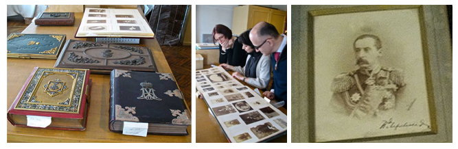 Six ornate photo album covers on left, middle image shows conservators reviewing old photo album contents, right image is an old yellowed photograph of a military officer